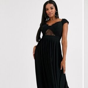NWT ASOS DESIGN Premium Formal Black Lace And Pleat Bardot  Maxi Dress